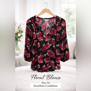The Pioneer Woman Black Blouse with Pink and Red Floral Design